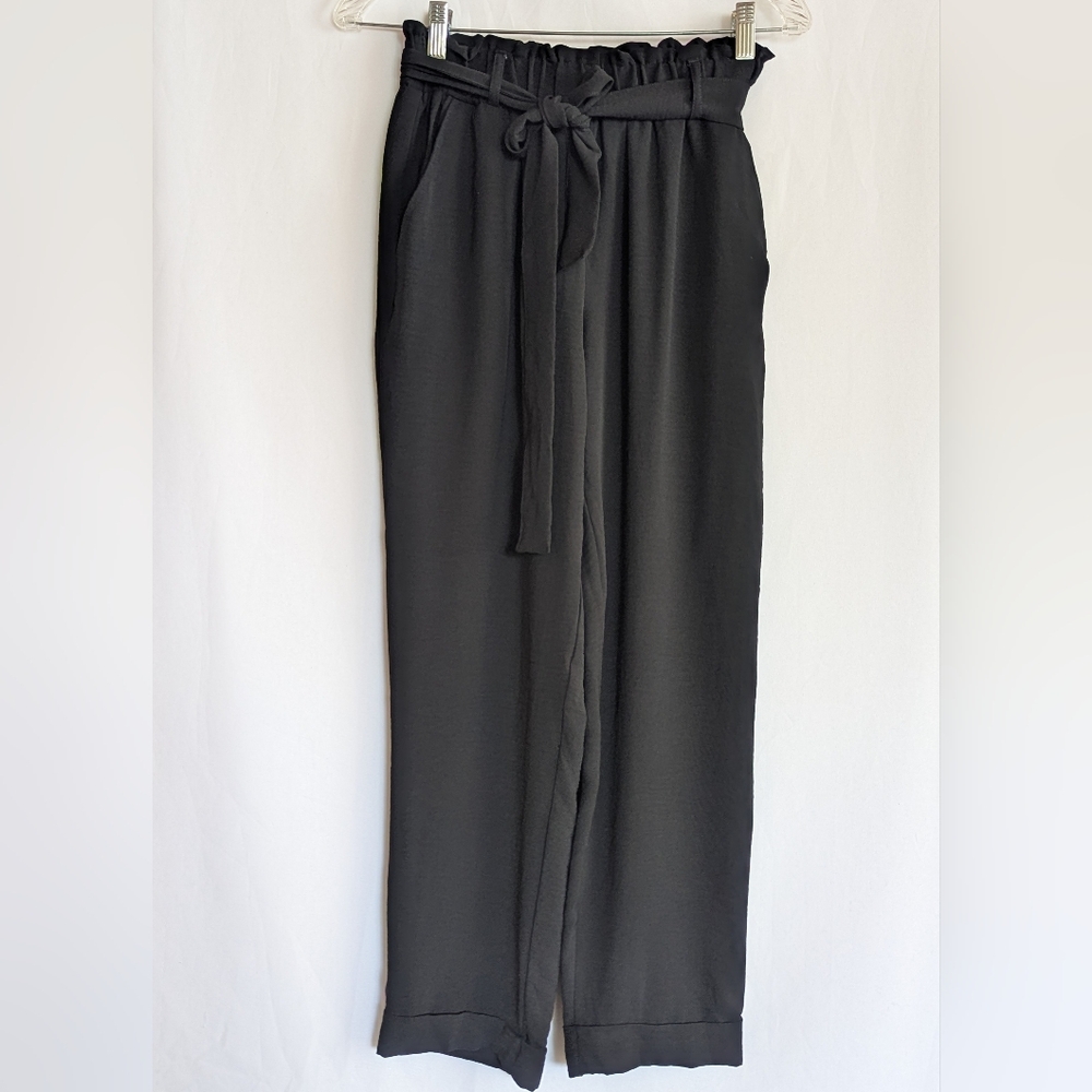 Black Women's Small Tie Pants Relaxed Fit Casual Classy Ankle Length High Waist